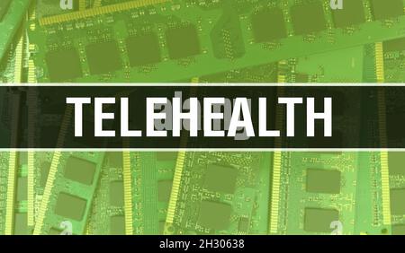 TeleheHealth-Konzept mit Computer-Motherboard. Telemedizinischer Text, der auf dem Technologie-Motherboard Digital-Technologie-Hintergrund geschrieben wurde. Telemedizin mit gedruckt Stockfoto