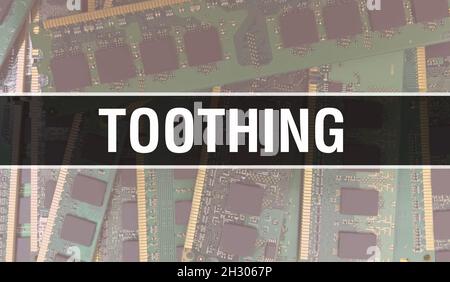 Verzahnungskonzept mit Computer-Mainboard. Verzahnungstext geschrieben auf Technologie Motherboard Digitale Technologie Hintergrund. Verzahnung mit bedrucktem Circu Stockfoto