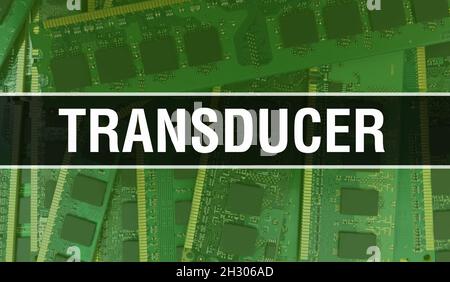 Schallkopfkonzept mit Computer-Mainboard. Aufnehmer Text geschrieben auf Technologie Motherboard Digitale Technologie Hintergrund. Aufnehmer mit Aufdruck Stockfoto