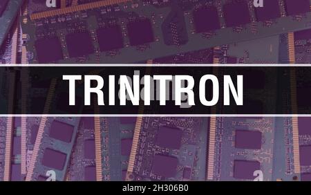 Trinitron Konzept mit Computer-Mainboard. Trinitron Text geschrieben auf Technologie Motherboard Digitale Technologie Hintergrund. Trinitron mit bedruckter CI Stockfoto