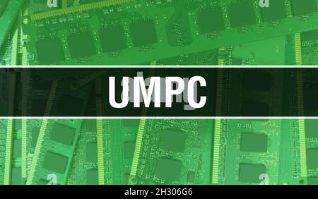 UMPC-Konzept mit Computer-Mainboard. UMPC Text geschrieben auf Technologie Motherboard Digitale Technologie Hintergrund. UMPC mit Leiterplatte und Stockfoto