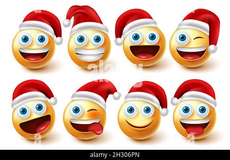 Smiley santa Zeichen Vektorset. weihnachtsmann weihnachten Emoji Charakter im Gesichtsausdruck und roten Hut isoliert in weißem Hintergrund für Weihnachten Emoji. Stock Vektor