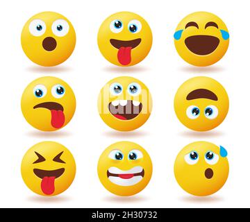 Emoji-Emoticons-Reaktionsvektor eingestellt. Smiley-Symbol-Zeichen mit lustigen und seltsamen Smileys-Sammlung isoliert auf weißem Hintergrund für Emojis-Gesichtsbehandlung. Stock Vektor