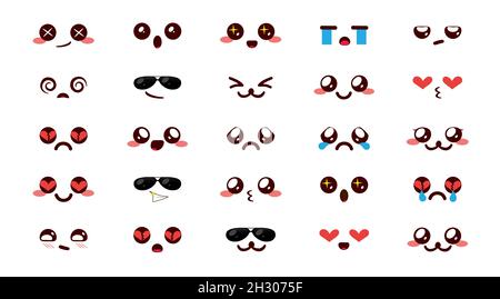 Smiley Kawaii Emoji-Vektorset. Emoticon niedlich chibi Smileys Cartoon in glücklich kawaii Gesichtsreaktion Sammlung isoliert in weißem Hintergrund für das Gesicht. Stock Vektor
