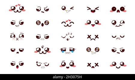 Emoji kawaii Emoticon-Vektorset. Chibi Smileys Charakter in netten Gesichtern Reaktion Sammlung von glücklich, lächelnd, traurig und wütend für chibis kawaii Cartoon. Stock Vektor