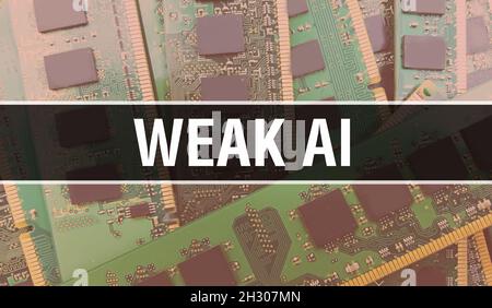 Schwacher KI-Text auf Circuit Board geschrieben elektronischer abstrakter Technologie-Hintergrund von Software-Entwickler und Computer-Skript. Schwaches KI-Konzept von Integrat Stockfoto