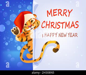 Niedlichen Tiger in santa Hut frohes neues Jahr fröhliche weihnachtsfeiertage Grußkarte Stock Vektor