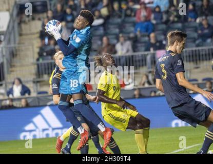 Chester, Pennsylvania, USA. Oktober 2021. 23. Oktober 2021, Chester PA- Spieler der Philadelphia Union, ANDRE BLAKE (18) im Einsatz gegen den SC Nashville im Subaru Park, (Foto: © Ricky Fitchett/ZUMA Press Wire) Stockfoto