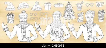 Design-Set mit Weihnachtsmann und Geschenken. Malseite. Vektor-Illustration mit Weihnachten und Neujahr Konzept Stock Vektor
