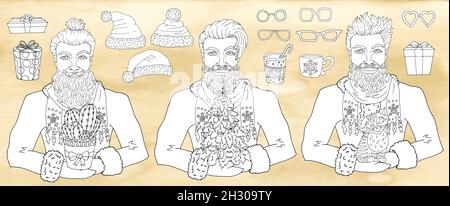 Design-Set mit positiv lächelndem Weihnachtsmann, eingewickelten Geschenk-Boxen, Nadelbaum, lustige Katze. Malseite. Vektor-Illustration mit Weihnachten und New Ye Stock Vektor