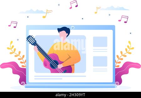 Video Tutorials mit Jungen Online-Musikunterricht zum Spielen und Ansehen von Gitarre im Internet für Poster oder Webbanner. Hintergrund Stock Vektor