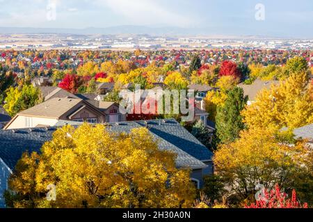 Colorado Living. Centennial, Colorado - Denver Metro-Bereich Wohngebiet Herbstpanorama mit Blick auf die Front Range Berge in der Ferne Stockfoto