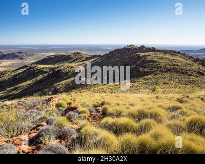 Blick nach Norden entlang des NE-Rückens des Mt. Zeil/Urlatherrke, West MacDonnell Ranges, Northern Territory. Stockfoto