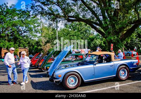 Ein Triumph TR6 1974 wird zusammen mit anderen Triumph TRs beim 31. Jährlichen British Car Festival am 24. Oktober 2021 in Fairhope, Alabama, gezeigt. Stockfoto