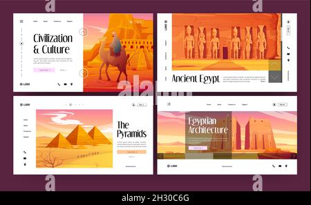 Alte Ägypten Architektur, Kultur und Geschichte Banner mit Pyramiden und Tempeln in Sandwüste. Vektor-Set von Landing-Pages mit ägyptischen Sehenswürdigkeiten und Gebäuden Stock Vektor