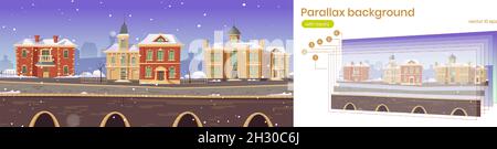 Alte Stadtstraße mit europäischen Retro-Gebäuden und Steinpromenade. Vector Parallax Hintergrund für 2d-Animation mit Cartoon Winter Stadtbild mit Vintage-Architektur und Schnee Stock Vektor