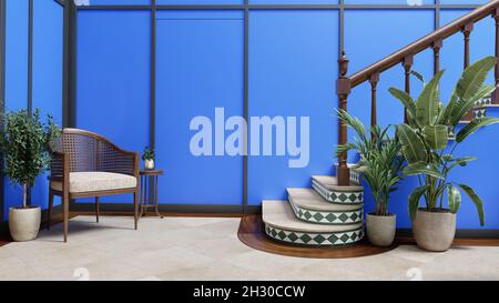 Treppe Lobby mit Stuhl blaue Wand und Pflanze Stockfoto