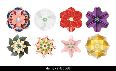 Papier geschnitten Origami Blumen ist Elemente für Dekorationen. Isolierte Abbildung auf weißem Hintergrund. Stock Vektor