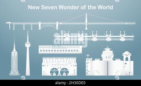 19. November 2021: Sets von neuen sieben berühmten Wahrzeichen und Gebäude der Welt für Reisen und Touren. Vektor-Illustration Design in Papier geschnitten und Handwerk Stock Vektor