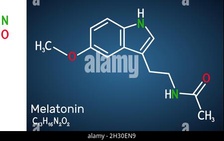 Melatonin-Molekül, Hormon, das Schlaf und Wachheit reguliert. Strukturelle chemische Formel auf dem dunkelblauen Hintergrund. Vektorgrafik Stock Vektor