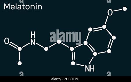 Melatonin-Molekül, Hormon, das Schlaf und Wachheit reguliert. Strukturelle chemische Formel auf dem dunkelblauen Hintergrund. Abbildung Stockfoto