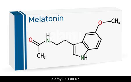 Melatonin-Molekül, Hormon, das Schlaf und Wachheit reguliert. Chemische Formel des Skeletts. Papierverpackungen für Medikamente. Vektorgrafik Stock Vektor