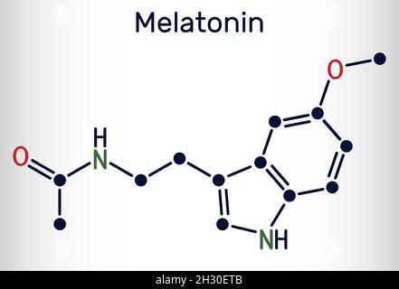 Melatonin-Molekül, Hormon, das Schlaf und Wachheit reguliert. Chemische Formel des Skeletts. Vektorgrafik Stock Vektor