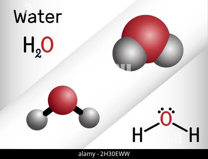 Wasser, H2O, HOH-Molekül. Es handelt sich um eine anorganische Hydroxy-Verbindung, Sauerstoffhydrid, bestehend aus einem Sauerstoffatom und zwei Wasserstoffatomen. Strukturelle Chemikalie f Stock Vektor