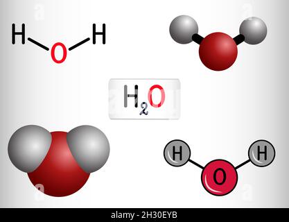 Wasser, H2O, HOH-Molekül. Es handelt sich um eine anorganische Hydroxy-Verbindung, Sauerstoffhydrid, bestehend aus einem Sauerstoffatom und zwei Wasserstoffatomen. Strukturelle Chemikalie f Stock Vektor
