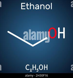 Ethanol, C2H5OH-Molekül. Es ist ein primärer Alkohol, ein Alkylalkohol. Strukturelle chemische Formel auf dem dunkelblauen Hintergrund. Vektorgrafik Stock Vektor