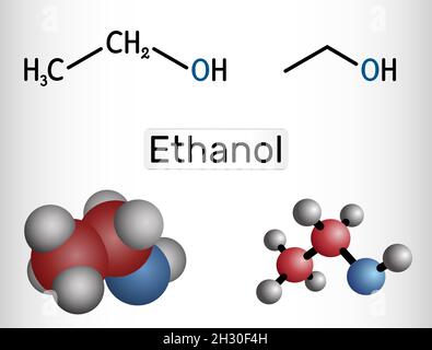 Ethanol, C2H5OH-Molekül. Es ist ein primärer Alkohol, ein Alkylalkohol. Strukturelle chemische Formel und Molekülmodell. Vektorgrafik Stock Vektor