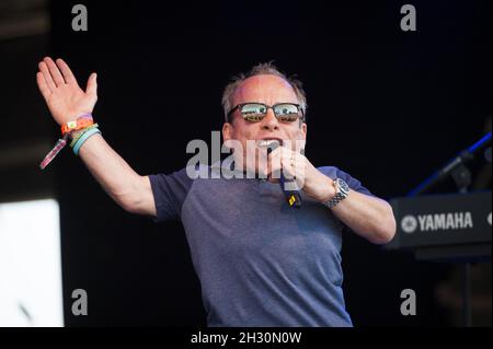 Warwick Davis stellt Chas und Dave auf der Bühne am 3. Tag des Camp Beestival 2014 im Lulworth Castle in Dorset vor Stockfoto