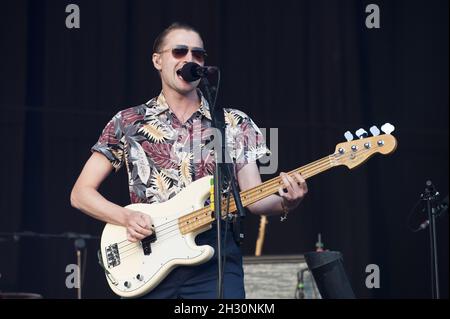 Hayden Thorpe of Wild Beasts tritt am 3. Tag des Beestival 2014, Robin Hill Country Park - Isle of Wight, live auf der Bühne auf Stockfoto