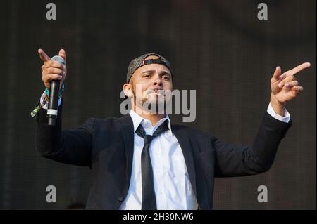 Walshy Fire of Major Lazer tritt am 4. Tag des Festivals 2014, Robin Hill Country Park, Isle of Wight, auf. Stockfoto