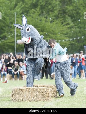 Festivalbesucher nehmen am Pantomime-Pferderennen am 1. Tag des Field Day, Victoria Park - London, Teil Stockfoto