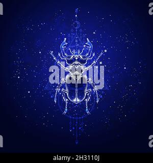 Vektor-Illustration mit handgezeichneten Hirschkäfer und Heilige geometrische Symbol gegen den Sternenhimmel. Abstraktes mystisches Zeichen. Lineare Form. Für Ihr Design Stock Vektor