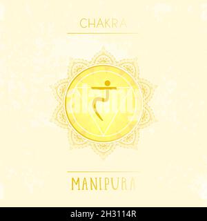 Vektor-Illustration mit Symbol Chakra Manipura auf Aquarell-Hintergrund. Kreis-Mandala-Muster und handgezeichnete Schriftzüge. Farbig. Stock Vektor