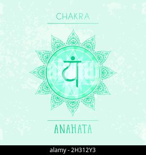 Vektor-Illustration mit Symbol Chakra Anahata auf Aquarell-Hintergrund. Kreis-Mandala-Muster und handgezeichnete Schriftzüge. Mehrfarbig. Stock Vektor