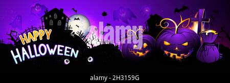 Vektor-Illustration mit Kürbissen Kopf, finstere Burg, Fledermäuse und Text auf nächtlichen Hintergrund mit Vollmond. Frohe halloween Stock Vektor
