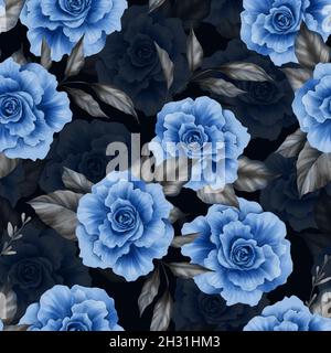 Nahtloses Muster aus blauen Rosenblüten. Floraler Hintergrund Stockfoto