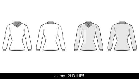 Shirt Doppelkragen technische Mode-Illustration mit langen Ärmeln, henley-Ausschnitt, taillierter Body, flacher klassischer Kragen. Bekleidungstop außen Schablone vorne, hinten, weiß, grau. CAD-Modell für Frauen Stock Vektor