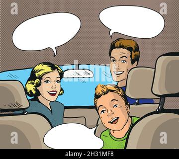 Familie, die im Auto sitzt und zurückschaut. Vektor-Illustration im Pop-Art-Stil, Retro-Comic. Stock Vektor