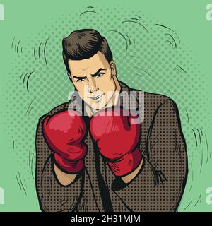 Mann in Boxhandschuhen Vektor-Illustration im Comic-Pop-Art-Stil. Geschäftsmann bereit, sein Geschäftskonzept zu bekämpfen und zu schützen Stock Vektor