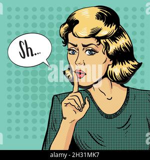 Frau zeigt ein Schweigezeichen. Vektorgrafik im Retro-Pop-Art-Stil. Nachricht Shhh für aufhören zu reden und ruhig zu sein Stock Vektor