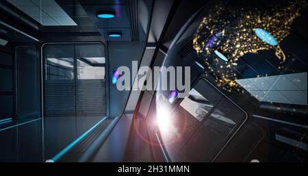 Das Innere des Raumschiffs mit Blick aus dem Fenster auf den Planeten Erde. Konzept der kommerziellen Raumfahrt. 3d-Rendering. Elemente dieses Bildes w Stockfoto