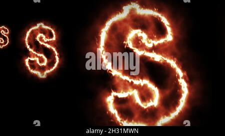 3d-Abbildung - heißes brennendes Zeichen des Dollars auf schwarzem Bildschirm Stockfoto