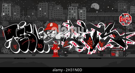 Dark Outdoor Urban Graffiti Wall Mit Nächtlichen Zeichnungen Vor Dem Hintergrund Des Stadtbildes Vector Illustration Art Stock Vektor