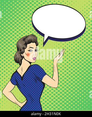 Pop Art Retro-Stil Frau Punkt Hand Zeichen mit Sprechblase. Comic Design Vektor Illustration Stock Vektor
