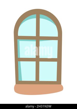 Bogenfenster. Rechteckiger Rahmen mit runder Oberseite. Blaues Glas. Mit einer Fensterbank. Isoliertes Objekt auf weißem Hintergrund. Cartoon-Stil. Flaches Design. Vektor Stock Vektor