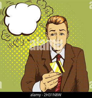 Mann mit Kreditkarte Vektor-Illustration im Retro-Pop-Art-Stil. Einkaufen mit Bankkarten Konzept Stock Vektor